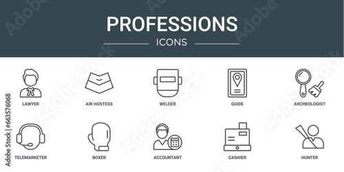 set of 10 outline web professions icons such as lawyer, air hostess, welder, guide, archeologist, telemarketer, boxer vector icons for report, presentation, diagram, web design, mobile app