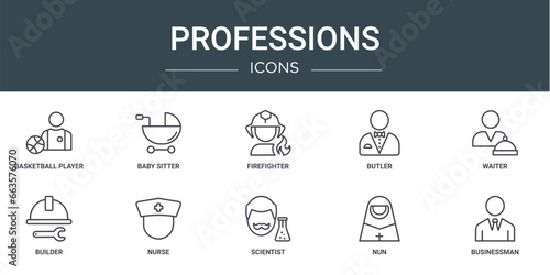 set of 10 outline web professions icons such as basketball player, baby sitter, firefighter, butler, waiter, builder, nurse vector icons for report, presentation, diagram, web design, mobile app