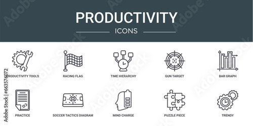 set of 10 outline web productivity icons such as productivity tools, racing flag, time hierarchy, gun target, bar graph, practice, soccer tactics diagram vector icons for report, presentation, © Digital Bazaar