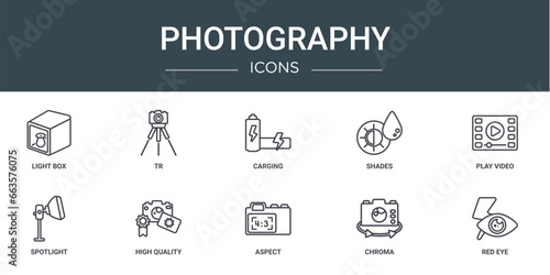 set of 10 outline web photography icons such as light box, tr, carging, shades, play video, spotlight, high quality vector icons for report, presentation, diagram, web design, mobile app