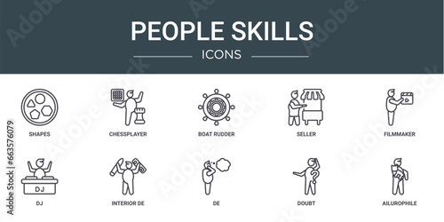 set of 10 outline web people skills icons such as shapes, chessplayer, boat rudder, seller, filmmaker, dj, interior de vector icons for report, presentation, diagram, web design, mobile app