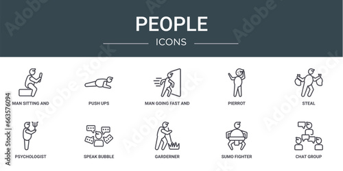 set of 10 outline web people icons such as man sitting and reading book, push ups, man going fast and with force against a door, pierrot, steal, psychologist, speak bubble vector icons for report,