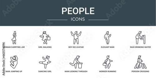 set of 10 outline web people icons such as woman carrying jar with her head, girl walking, boy kid avatar, elegant man, man drinking water in public place, man jumping up, dancing girl vector icons