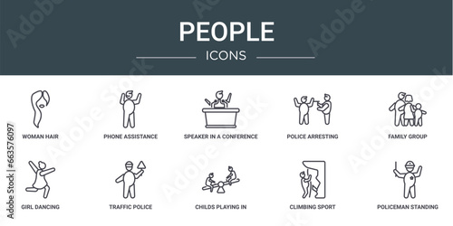 set of 10 outline web people icons such as woman hair, phone assistance, speaker in a conference, police arresting man, family group, girl dancing, traffic police vector icons for report,