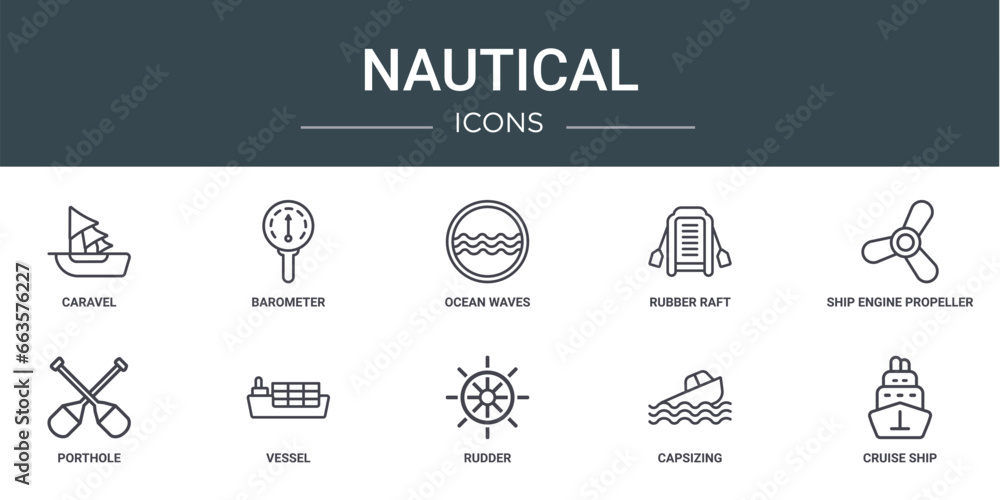 set of 10 outline web nautical icons such as caravel, barometer, ocean waves, rubber raft, ship engine propeller, porthole, vessel vector icons for report, presentation, diagram, web design, mobile
