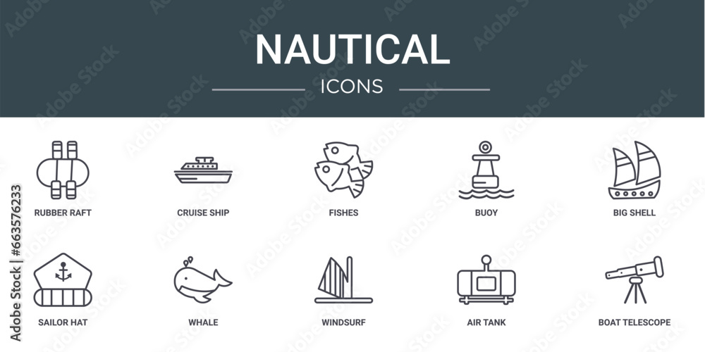Naklejka premium set of 10 outline web nautical icons such as rubber raft, cruise ship, fishes, buoy, big shell, sailor hat, whale vector icons for report, presentation, diagram, web design, mobile app