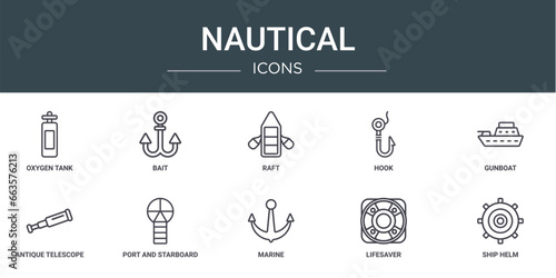 set of 10 outline web nautical icons such as oxygen tank, bait, raft, hook, gunboat, antique telescope, port and starboard vector icons for report, presentation, diagram, web design, mobile app