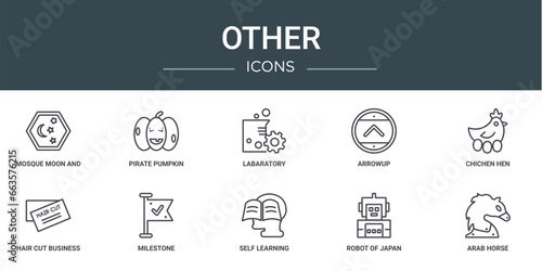 set of 10 outline web other icons such as mosque moon and star, pirate pumpkin, labaratory, arrowup, chichen hen, hair cut business card, milestone vector icons for report, presentation, diagram, photo