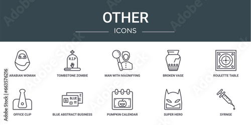 set of 10 outline web other icons such as arabian woman, tombstone zombie hand, man with magnifying flass, broken vase, roulette table, office clip, blue abstract business card vector icons for
