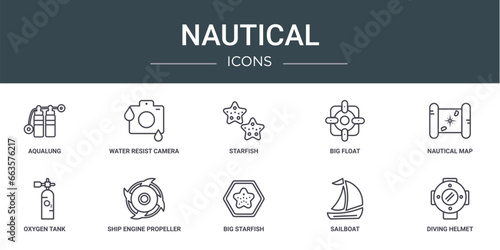 set of 10 outline web nautical icons such as aqualung, water resist camera, starfish, big float, nautical map, oxygen tank, ship engine propeller vector icons for report, presentation, diagram, web