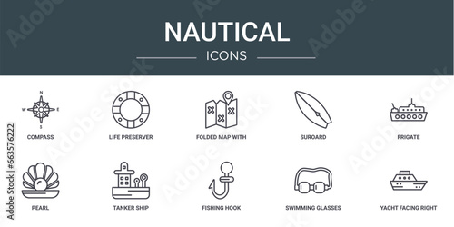 set of 10 outline web nautical icons such as compass, life preserver, folded map with placeholder, suroard, frigate, pearl, tanker ship vector icons for report, presentation, diagram, web design,