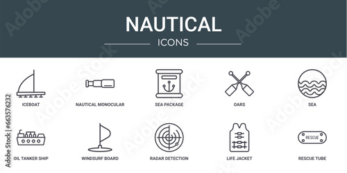 set of 10 outline web nautical icons such as iceboat, nautical monocular, sea package, oars, sea, oil tanker ship, windsurf board vector icons for report, presentation, diagram, web design, mobile