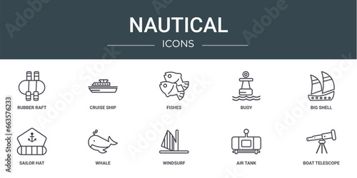 set of 10 outline web nautical icons such as rubber raft, cruise ship, fishes, buoy, big shell, sailor hat, whale vector icons for report, presentation, diagram, web design, mobile app