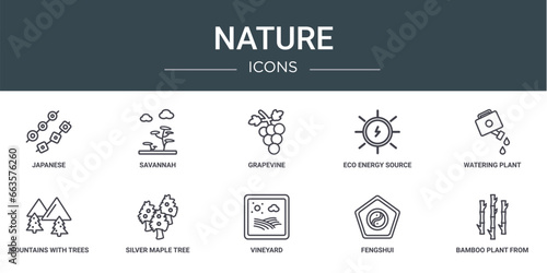 set of 10 outline web nature icons such as japanese, savannah, grapevine, eco energy source, watering plant, mountains with trees, silver maple tree vector icons for report, presentation, diagram,