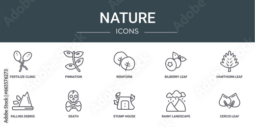 set of 10 outline web nature icons such as fertilize clinic, pinnation, reniform, bilberry leaf, hawthorn leaf, falling debris, death vector icons for report, presentation, diagram, web design,