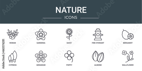 set of 10 outline web nature icons such as rowan, gardenia, daisy, fire hydrant, bergamot, cypress, geranium vector icons for report, presentation, diagram, web design, mobile app