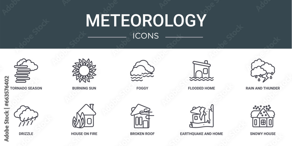 set of 10 outline web meteorology icons such as tornado season, burning sun, foggy, flooded home, rain and thunder, drizzle, house on fire vector icons for report, presentation, diagram, web design,