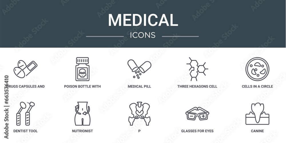 set of 10 outline web medical icons such as drugs capsules and pills, poison bottle with a skull, medical pill, three hexagons cell, cells in a circle, dentist tool, nutrionist vector icons for