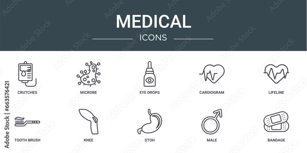 set of 10 outline web medical icons such as crutches, microbe, eye drops, cardiogram, lifeline, tooth brush, knee vector icons for report, presentation, diagram, web design, mobile app