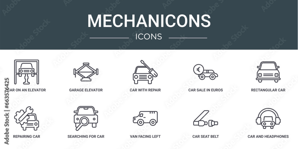 set of 10 outline web mechanicons icons such as car on an elevator, garage elevator, car with repair equipment, car sale in euros, rectangular front, repairing searching for vector icons for report,