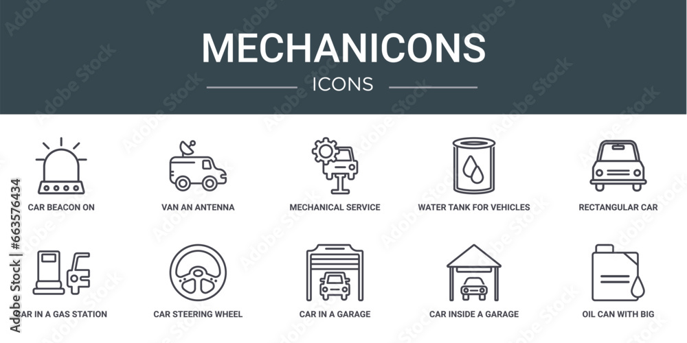 set of 10 outline web mechanicons icons such as car beacon on, van an ...