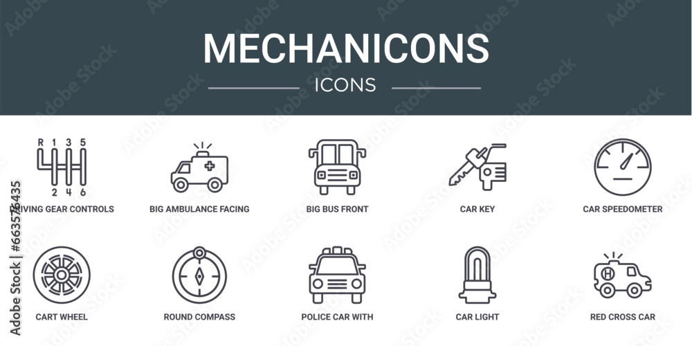 set of 10 outline web mechanicons icons such as driving gear controls, big ambulance facing left, big bus front, car key, car speedometer, cart wheel, round compass vector icons for report,