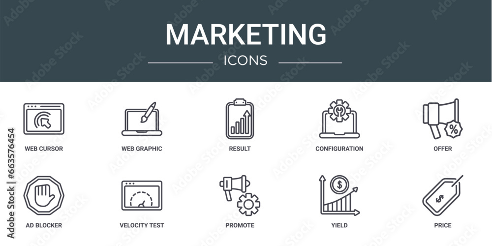 set of 10 outline web marketing icons such as web cursor, web graphic, result, configuration, offer, ad blocker, velocity test vector icons for report, presentation, diagram, design, mobile app