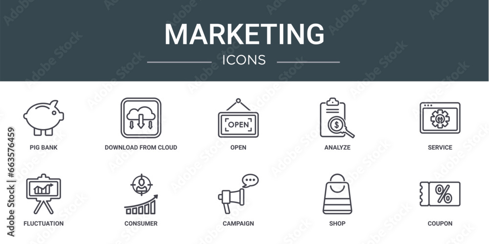 set of 10 outline web marketing icons such as pig bank, download from cloud, open, analyze, service, fluctuation, consumer vector icons for report, presentation, diagram, web design, mobile app