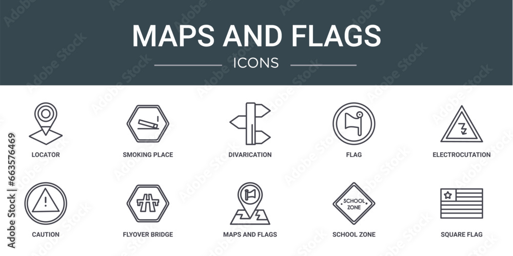 set of 10 outline web maps and flags icons such as locator, smoking place, divarication, flag, electrocutation danger, caution, flyover bridge vector icons for report, presentation, diagram, web