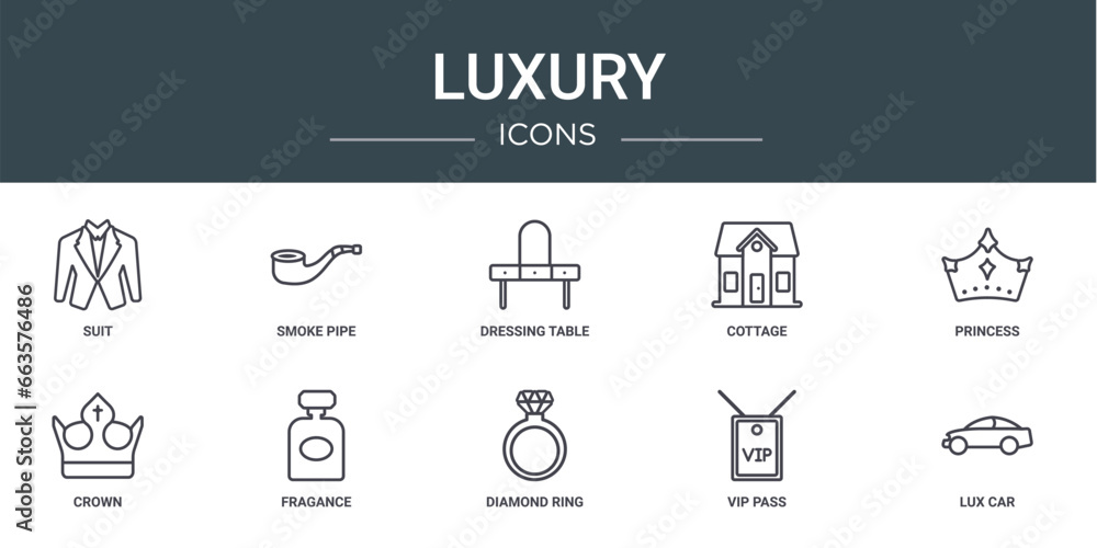 set of 10 outline web luxury icons such as suit, smoke pipe, dressing table, cottage, princess, crown, fragance vector icons for report, presentation, diagram, web design, mobile app