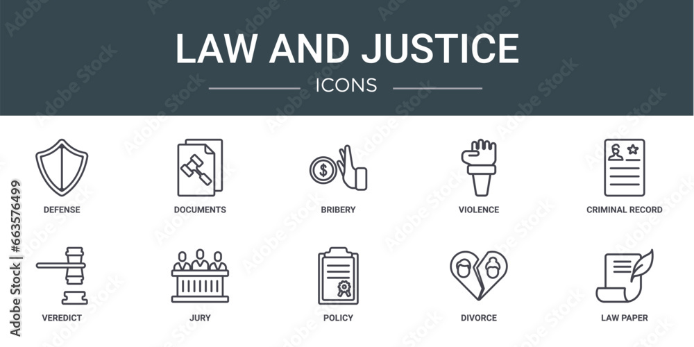 set of 10 outline web law and justice icons such as defense, documents, bribery, violence, criminal record, veredict, jury vector icons for report, presentation, diagram, web design, mobile app