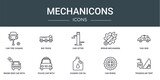 set of 10 outline web mechanicons icons such as car tire change, big truck, car lifter, repair mechanism, taxi side, brand new car with dollar price tag, police with lights vector icons for report,