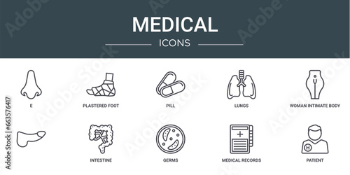 set of 10 outline web medical icons such as e, plastered foot, pill, lungs, woman intimate body part, , intestine vector icons for report, presentation, diagram, web design, mobile app