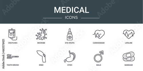 set of 10 outline web medical icons such as crutches, microbe, eye drops, cardiogram, lifeline, tooth brush, knee vector icons for report, presentation, diagram, web design, mobile app