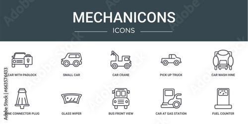 set of 10 outline web mechanicons icons such as car with padlock, small car, car crane, pick up truck, wash hine, hine connector plug, glass wiper vector icons for report, presentation, diagram, web