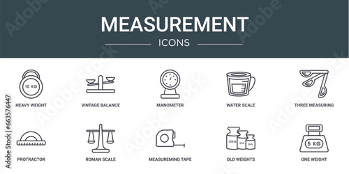 set of 10 outline web measurement icons such as heavy weight, vintage balance, manometer, water scale, three measuring spoons, protractor, roman scale vector icons for report, presentation, diagram,