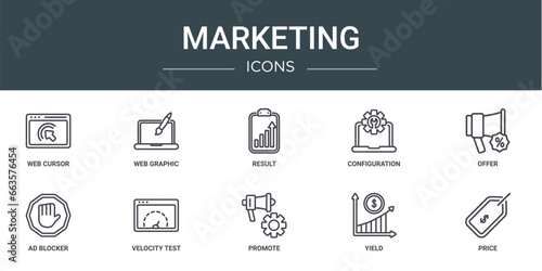 set of 10 outline web marketing icons such as web cursor, web graphic, result, configuration, offer, ad blocker, velocity test vector icons for report, presentation, diagram, design, mobile app