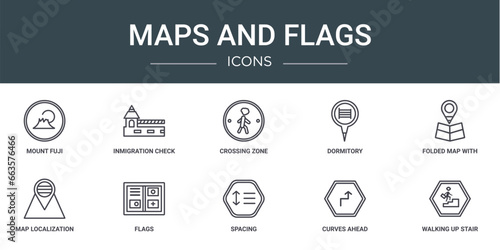 set of 10 outline web maps and flags icons such as mount fuji, inmigration check point, crossing zone, dormitory, folded map with position mark, map localization, flags vector icons for report, © Digital Bazaar