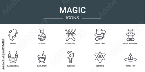 set of 10 outline web magic icons such as smoke, potion, voodoo doll, handcuffs, magic assistant, candelabra, cauldron vector icons for report, presentation, diagram, web design, mobile app