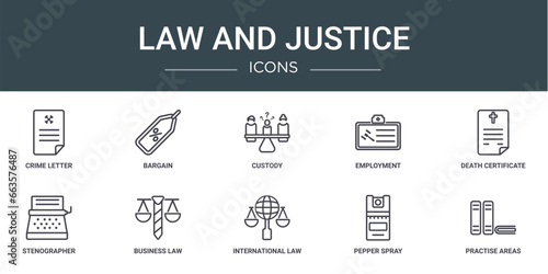 set of 10 outline web law and justice icons such as crime letter, bargain, custody, employment, death certificate, stenographer, business law vector icons for report, presentation, diagram, web