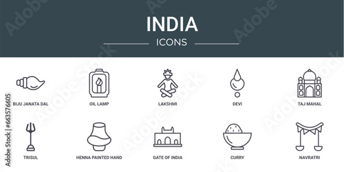 set of 10 outline web india icons such as biju janata dal, oil lamp, lakshmi, devi, taj mahal, trisul, henna painted hand vector icons for report, presentation, diagram, web design, mobile app