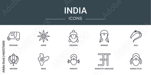 set of 10 outline web india icons such as ricksaw, anise, krishna, woman, kali, sikhism, india vector icons for report, presentation, diagram, web design, mobile app
