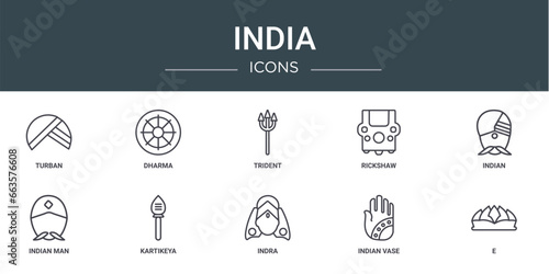 set of 10 outline web india icons such as turban, dharma, trident, rickshaw, indian, indian man, kartikeya vector icons for report, presentation, diagram, web design, mobile app