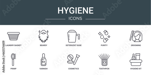 set of 10 outline web hygiene icons such as laundry basket, beardy, detergent dose, purity, grooming, primp, varnish vector icons for report, presentation, diagram, web design, mobile app