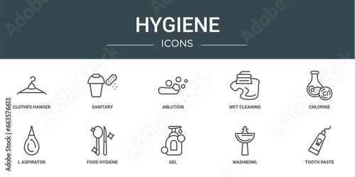 set of 10 outline web hygiene icons such as clothes hanger, sanitary, ablution, wet cleaning, chlorine, l aspirator, food hygiene vector icons for report, presentation, diagram, web design, mobile