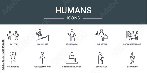 set of 10 outline web humans icons such as high five  man in hike  broken arm  hine repair  pay in restaurant  gymnastics  businessman with tie vector icons for report  presentation  diagram  web