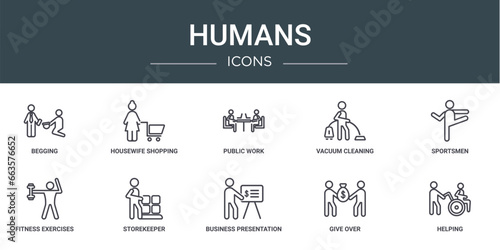 set of 10 outline web humans icons such as begging, housewife shopping, public work, vacuum cleaning, sportsmen, fitness exercises, storekeeper vector icons for report, presentation, diagram, web