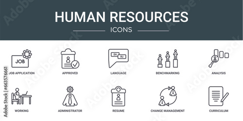 set of 10 outline web human resources icons such as job application, approved, language, benchmarking, analysis, working, administrator vector icons for report, presentation, diagram, web design,