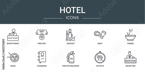 set of 10 outline web hotel icons such as receptionist, free wifi, servant, meat, ramen, sushi, cookbook vector icons for report, presentation, diagram, web design, mobile app
