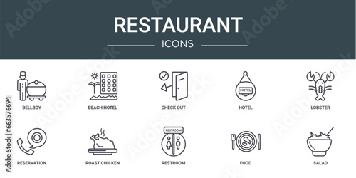 set of 10 outline web restaurant icons such as bellboy, beach hotel, check out, hotel, lobster, reservation, roast chicken vector icons for report, presentation, diagram, web design, mobile app